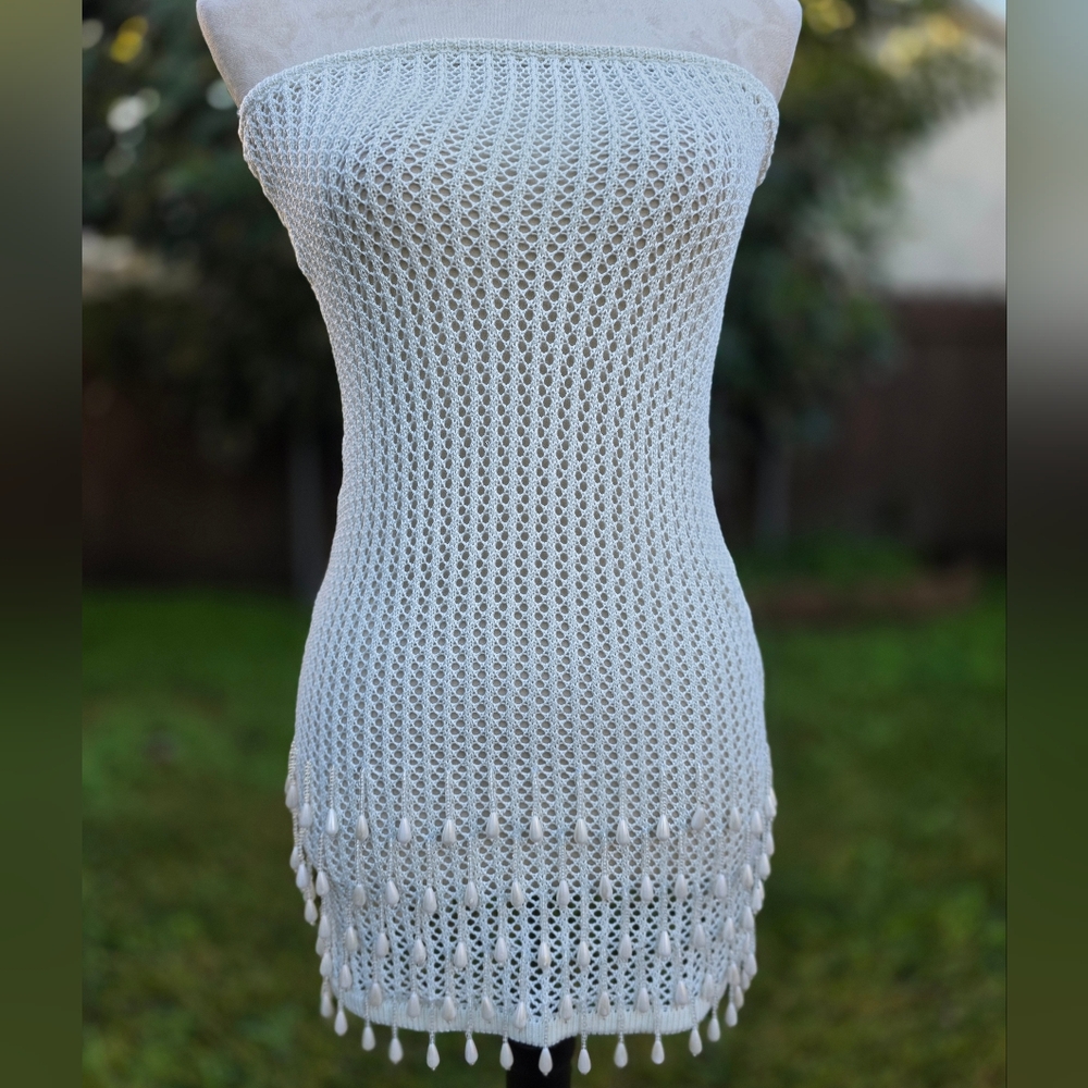 Peppermayo Strapless Boho Cream Crochet Dress With Bead Fringe Size Xsmall/Small